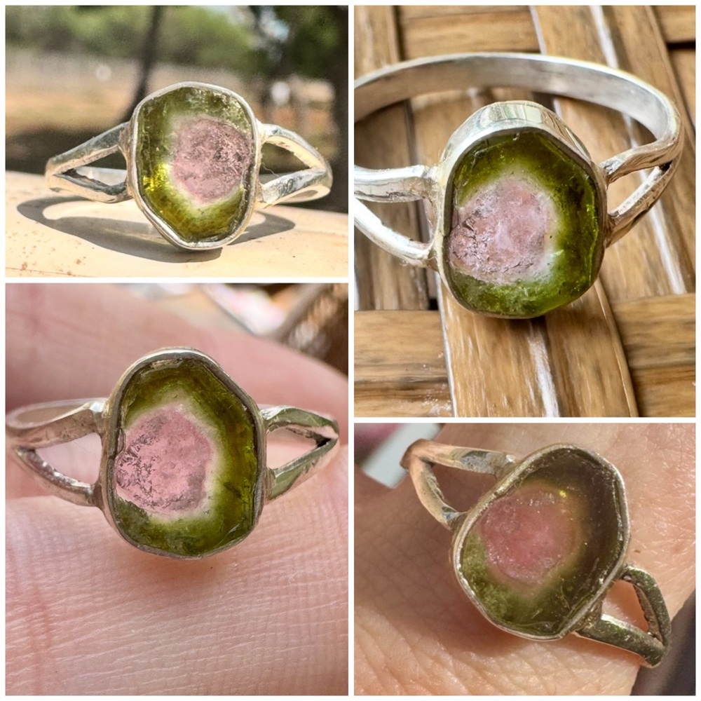 Handcrafted solid 10k gold  4.00cts genuine watermelon tourmaline slice ring